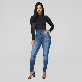 

High Waist Jeans Washed Pants For Women Autumn High Elastic Button Plus Loose Hole Denim Casual Small Feet Cropped Jeans E16