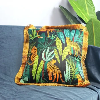 

High Quality Sofa Cushion Cover Imitate Silk Animal Print Decorative Pillow Cover Home Luxury Pillowcase With Gold Thread Tassel