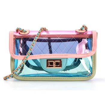 

Transparent Colorful Waterproof Handbag Ladies Clear Jelly Candy Color Gradient Shoulder Bag PVC Shiny Rhombic Chain Tote