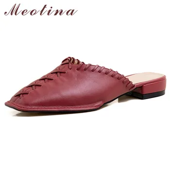 

Meotina Women Pumps Natural Genuine Leather Low Heels Mules Shoes Square Toe Block Heel Footwear Ladies Summer Shoes Black Red