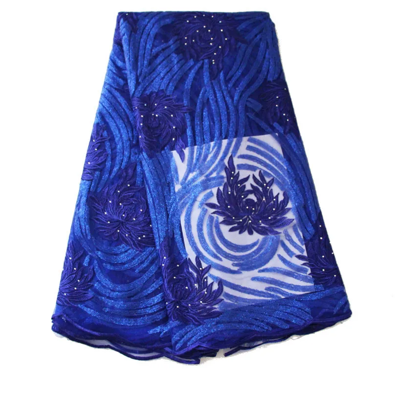 

African Lace Fabrics 5 Yards Nigerian French Lace Fabric with Fashion Embroidered Royal Blue Lace for Wedding Party Dresses