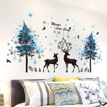 

Nordic Art Wall Stickers Christmas Decorations For Home Sofa Background Wall Wallpaper Blue Snow Deer Forest Living Room Decor