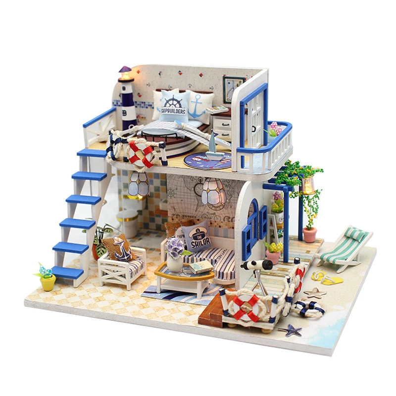 

DIY 3D деревянная миниатюрная мебель ручной работы синее побережье кукольный домик Модель наборы для строительства игрушки кукольный домик для детей подарок на день рождения девочке