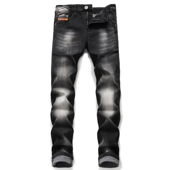 

European American Style Fashion Brand jeans pants Men slim jeans zipper letter straight jeans pants gentleman black hole jeans