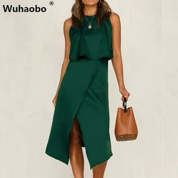 

Wuhaobo Sexy Irregular Women Set Dress Fashion Summer O Neck Sleeveless Button Backless Open Fork Office Lady 2 Piece Sets