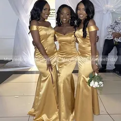 African Gold Yellow Bridesmaid Dresses 2021 Vestidos Long Mermaid Wedding Party Dress Off Shoulder Front Slit Wedding Guest Gown