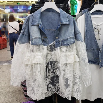 

2020 Spring New Fashion Lace Spliced Jeans Jacket Women Crochet Waist Hugging Slim Fake Two-Piece Jeans Coat Girls Denim Coats