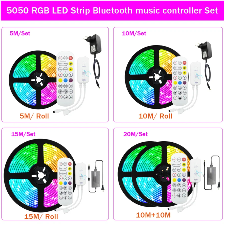 LED Strip Light RGB 5050 2835 Flexible LED Light Strip 5M 10M 15M 20M 12V LED Tape + Power Adapter + Bluetooth Music Controller (00)