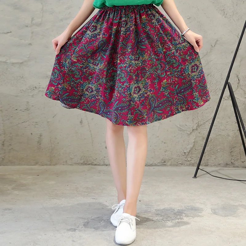 

2019 Women's Spring And Summer New Style Floral-Print Cotton Linen Puffy Pleated Big Hemline Literature And Art Bohemian Beach P