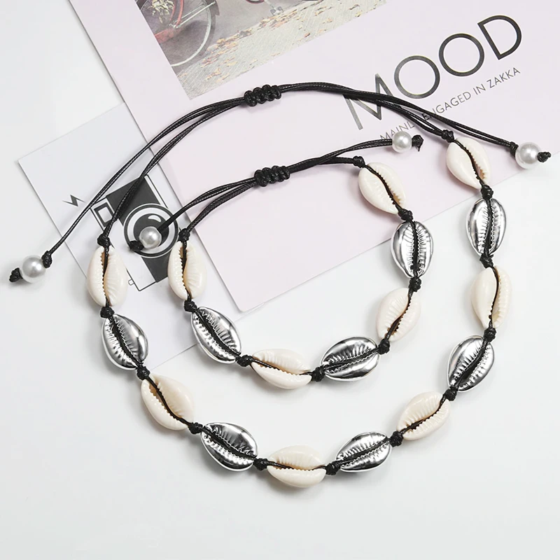 Shell Necklace&Bracelet Bohemia Nature Gold Seashell Cowrie Charm Necklaces For Women Choker Rope Chain Bracelets Summer Jewelry