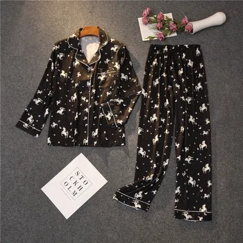 

New Comfortable Pajamas Wear Home Wear Long-sleeved Trousers Simulation Silk Printed Women's Pajamas Suit