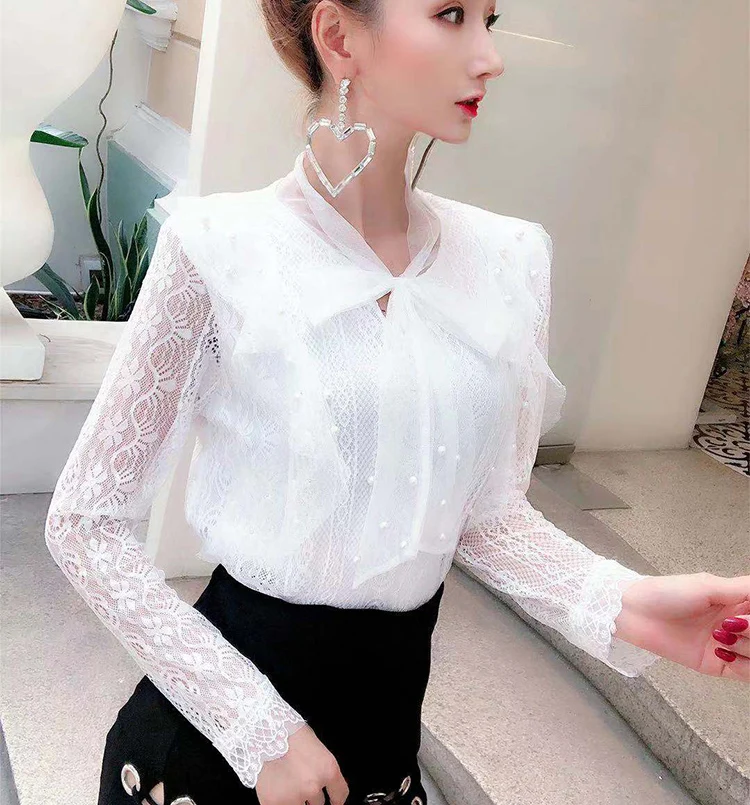 Spring Autumn Women Long Sleeve Blouse Tie Bow Hollow Out Lace Shirt Female Sweet Beading Mesh Blouses Short Bottom Tops AB1745 6