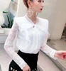 Spring Autumn Women Long Sleeve Blouse Tie Bow Hollow Out Lace Shirt Female Sweet Beading Mesh Blouses Short Bottom Tops AB1745 6