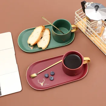 

Nordic Style Ceramic Coffee Cup with Spoon Tray for Salad Snack Creative Breakfast Milk Mug Hotel Home Dinner Tableware