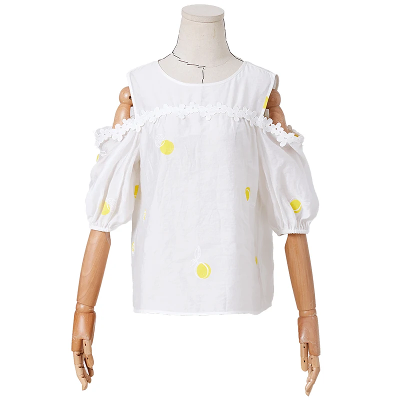 ARTKA 2020 Summer New Blouse Women Fashion Print White Chiffon Shirt Off Shoulder Blouse Loose Short Sleeve Lace Shirt SA20205C