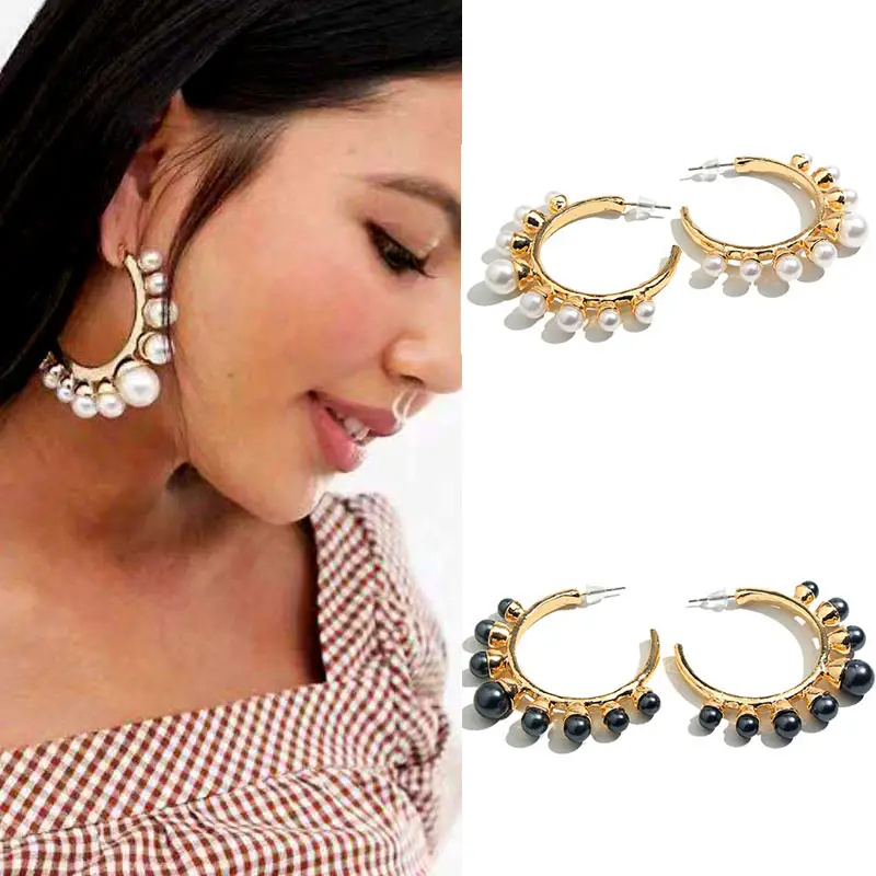 

Flatfoosie Bohemian Pearl Hoop Earrings For Women Gold Color Wedding Party Fashion Circle Simple big pearl Earrings Jewelry 2020