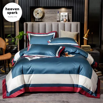 

Luxury 10 Colors 100S Navy Blue White Bedding Set Royal Home Textile Egyptian Cotton Bed Linen UK Satin Duvet Cover King Size