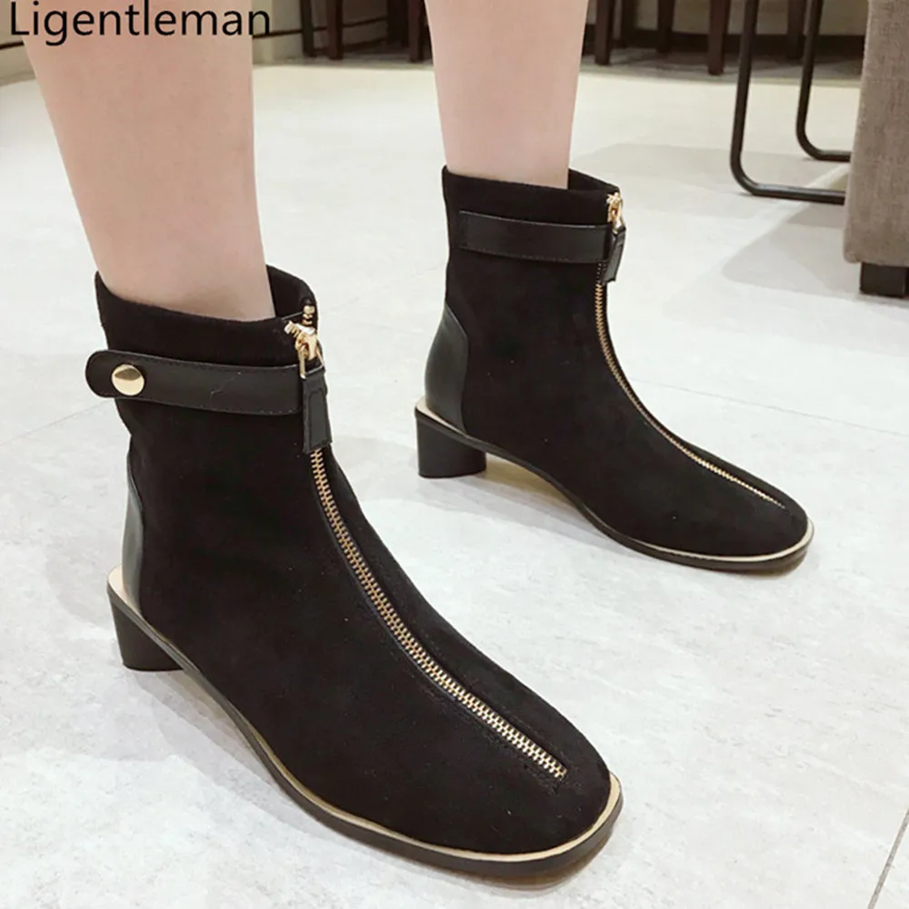 

Profiled Heel Front Zipper Short Boots Womans 2020 New Black Suede Low Heeled Plus Cashmere Ankle Womens Boots Profiled Heel