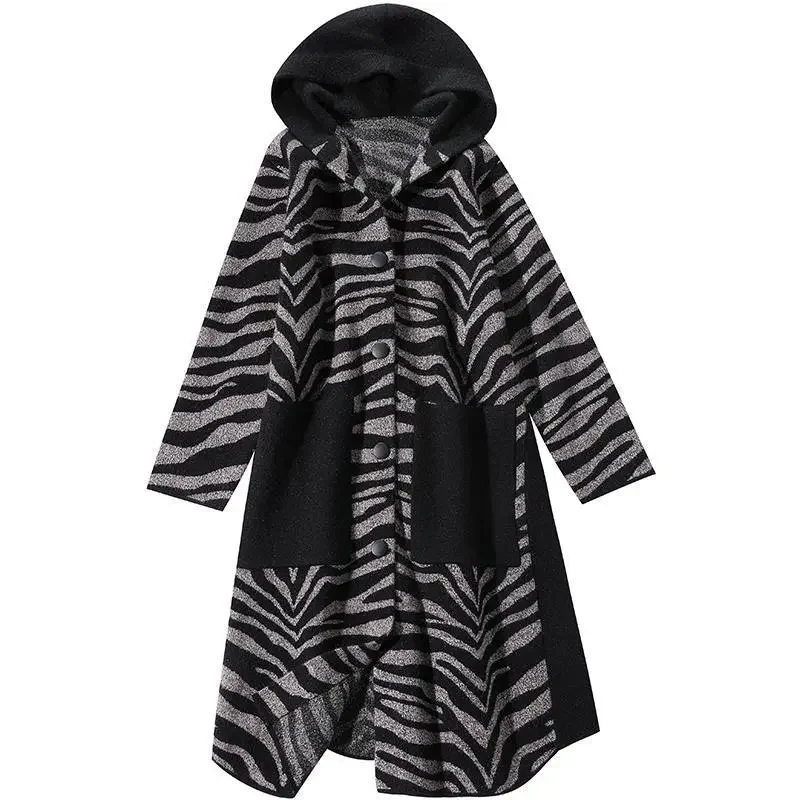 2022 Women Zebra Pattern Woolen Coat Autumn Winter New Loose Fashion Thinner Hooded Coat Woolen Temperament Middle-Aged Coat 518