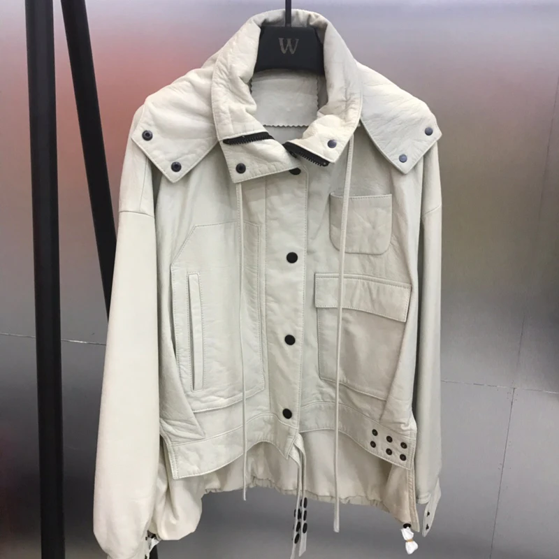 Fandy Lokar Sheepskin Genuine Leather Coats Women Fashion Solid Zipper Jackets Women Elegant Pockets Coats Female Ladies IS