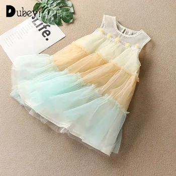 

2020 Summer Girl Boutique Mesh Vest Dress Elegant Patchwork Rainbow Color Sundress Babty Girl Beach Holiday Party Peincess Dress