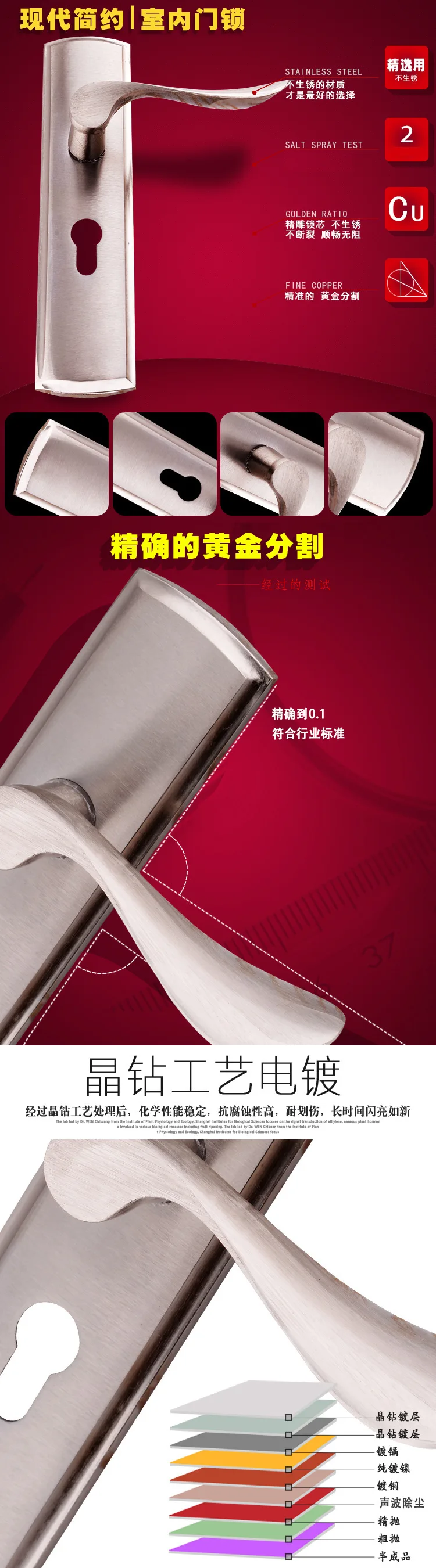 Stainless Steel Interior Door Handle Lock Security Anti-theft Bedroom Wooden Door Lock Handle with Key Hardware Accessories