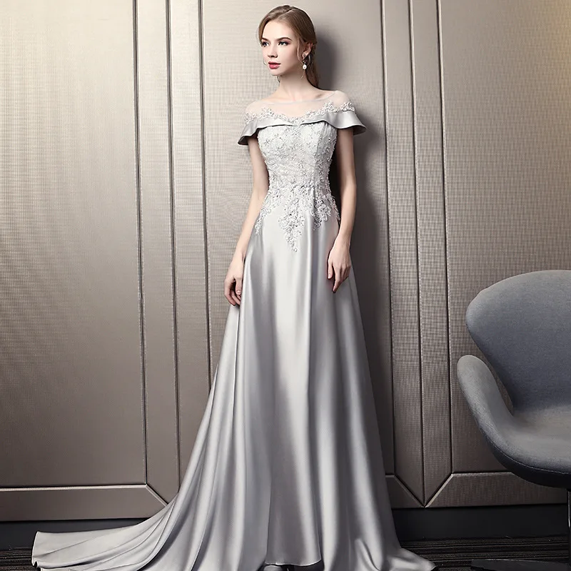 

High-end Luxury Gray Satin Tail Evening Dress Female 2021 Banquet Elegant Temperament Host Queen Dignified Prom Dress Skirt A141
