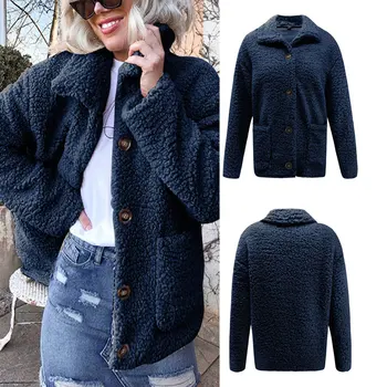 

Women Fleece Cardigan Warm Jacket Top Lapel Long Sleeve Buttons Jacket H9