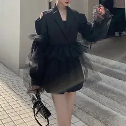 Элегантный Модный длинный женский Блейзер 2019, черный уличная одежда, подиумный Тонкий Блейзер для женщин, офисные жакеты, кружевные