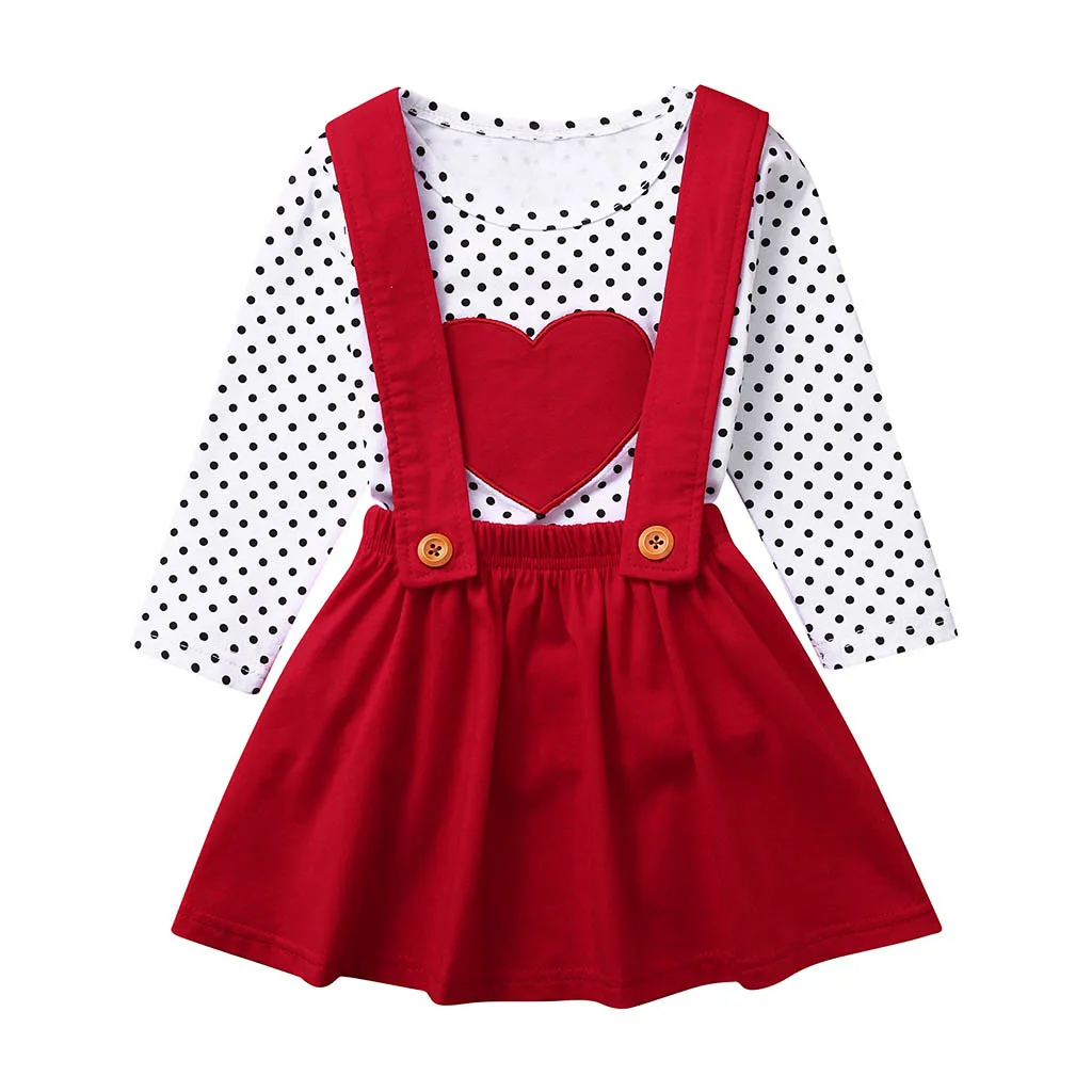 Детская одежда комплект из двух предметов, одежда для девочек roupa infantil, красные Топы в горошек с сердечками, юбки на подтяжках