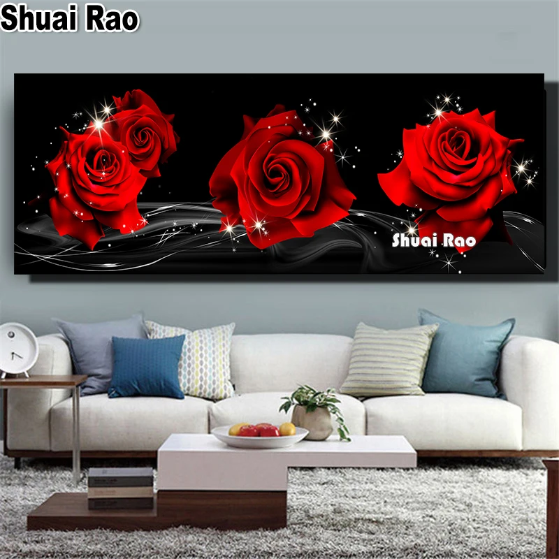 5D Full Square Round Diamond Painting Large Size "Red Rose Black" Mosaico Diamante Ricamo Punto Croce Decorazioni Per La Casa