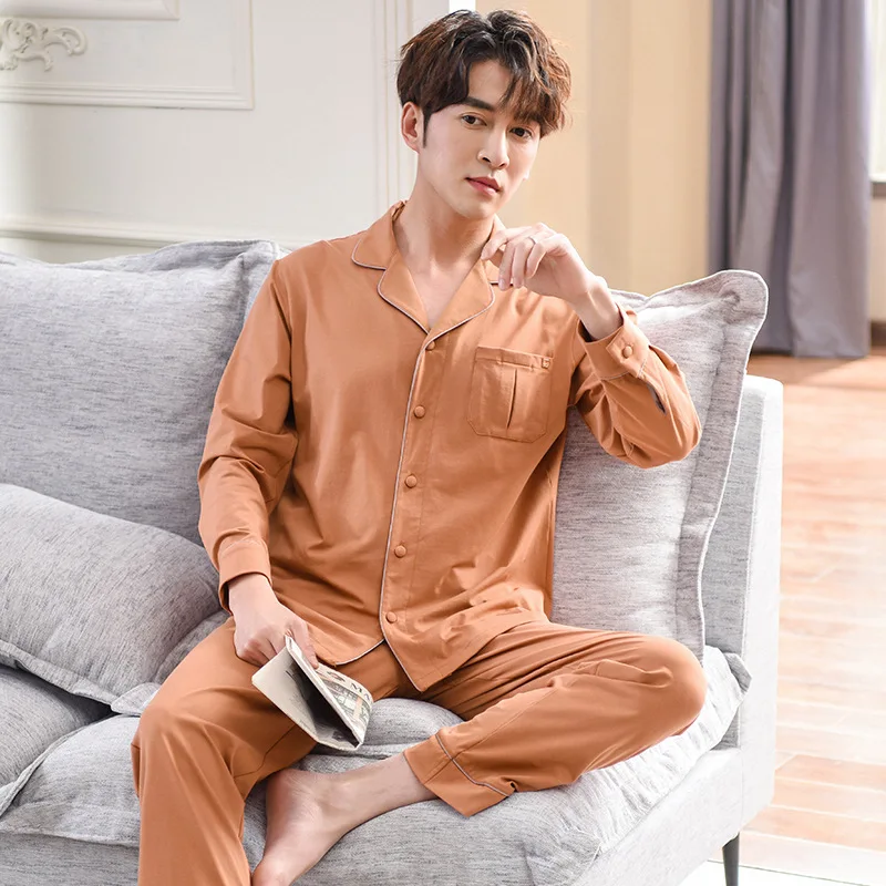 

Cotton Men's Pajamas Spring and Autumn Long-Sleeved Men's Leisure Tops Cotton Thin Summer Can Be Worn Outside Plus-sized Suit