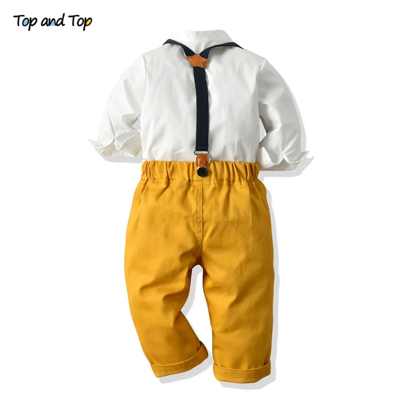 Топ и топ, модный детский комплект одежды джентльмена для мальчиков, белая рубашка с длинными рукавами Топы+ комбинезон, комплект одежды деловой костюм для мальчиков, Bebes
