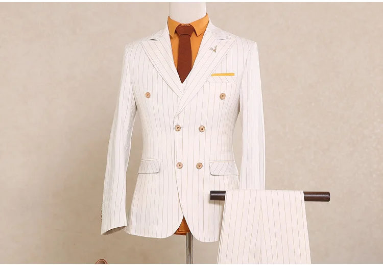 

(jacket+pants+vest) New brand men suit male suit for wedding spring autumn white stripe casual slim fit prom party suit CD50