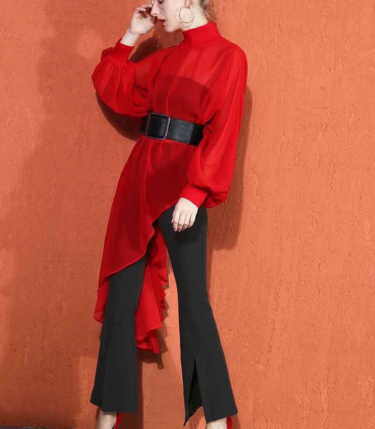 Dress Women Spring Autumn New Irregular Lantern Sleeve Long Sleeve Loose Holiday Sunscreen Chiffon Shirt Dress Dresses Ladies