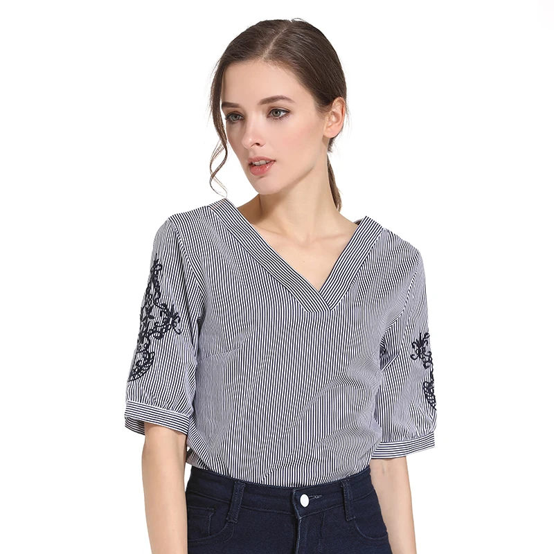 Женская шифоновая блузка в полоску с V образным вырезом и коротким