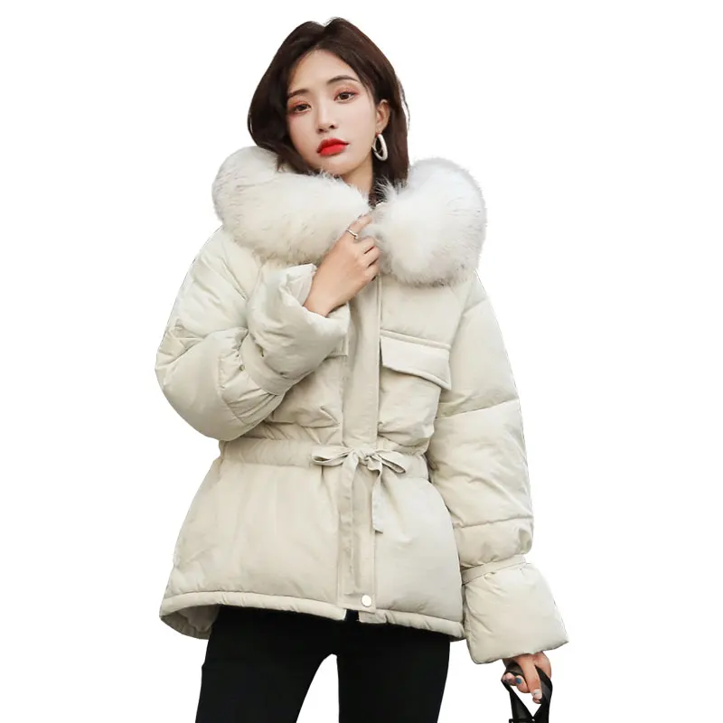 Высокое качество новые корейские меховые куртки с капюшоном, парки, зимняя куртка для женщин, короткий стиль, с завязками, теплое плотное тонкое зимнее пальто для женщин