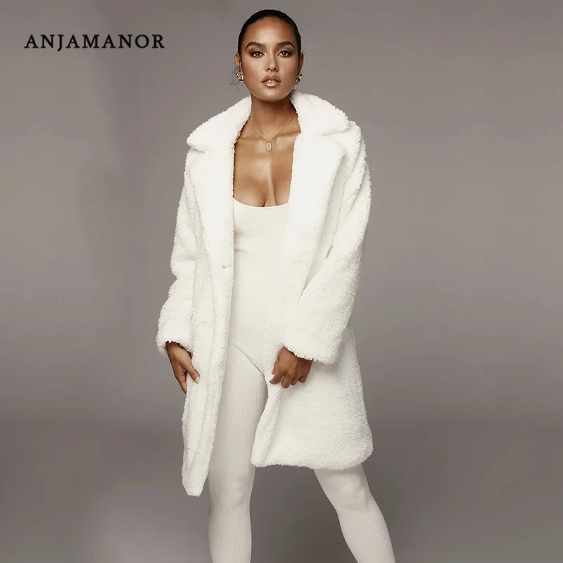 ANJAMANOR Женское шерстяное пальто 2019 Зимняя мода кашемировый нечеткий длинный