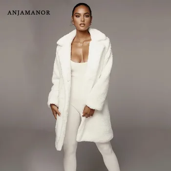 

ANJAMANOR Women Woolen Coat 2019 Winter Fashion Cashmere Fuzzy Long Jacket White Pink Kahki Fluffy Teddy Bear Coats D92-BB04