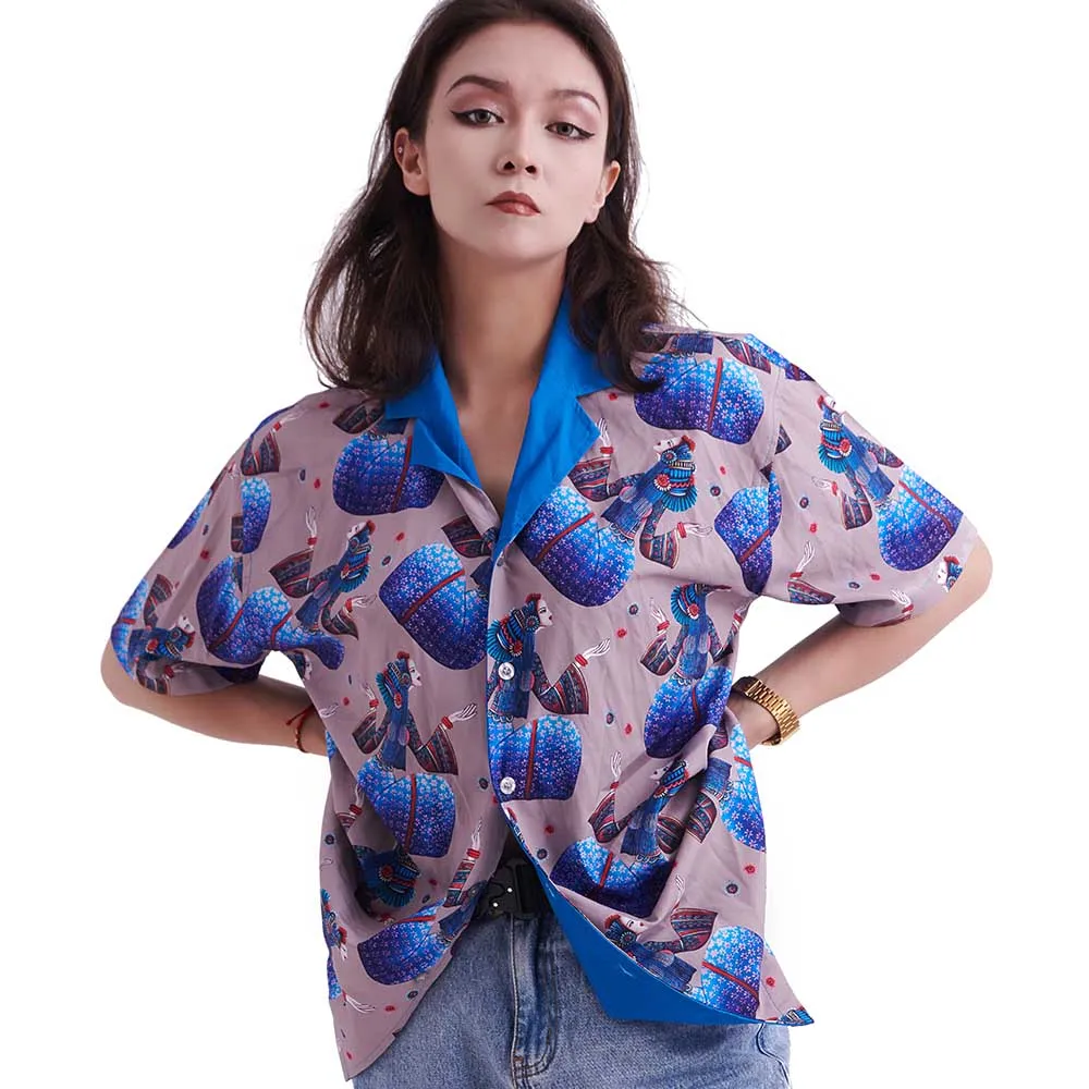 Fashion Woman Blouse Man Plus Size Beach Shirt  Turn-Down Collar Top Clothing Male&Female Vintage Style Beauty Print Shirts Beach Robe Cover Up