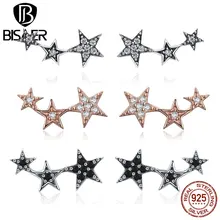 BISAER Brincos 925 пробы серебряные мерцающие CZ изысканные штабелируемые серьги-гвоздики в виде звезды для женщин ювелирные изделия из стерлингового серебра GXE175