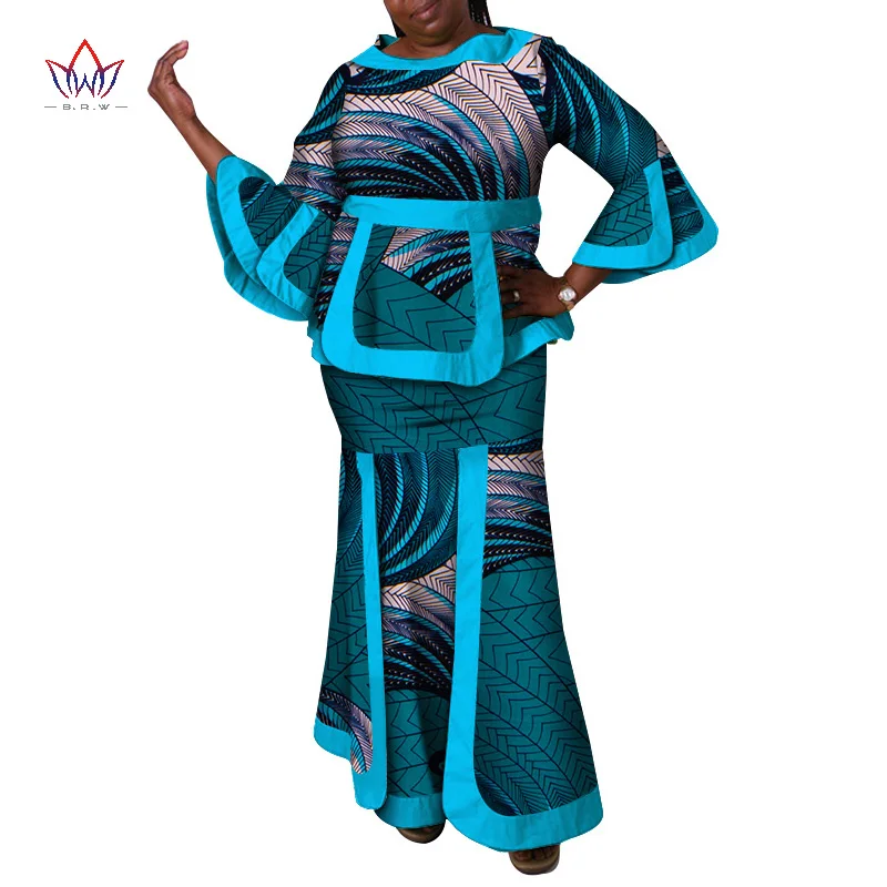 

2021 New Autumn African Women Two-pieces Set Long Ruffle Sleeves + Mermaid Ankle Length Skirt 2 Pieces African Style WY2718