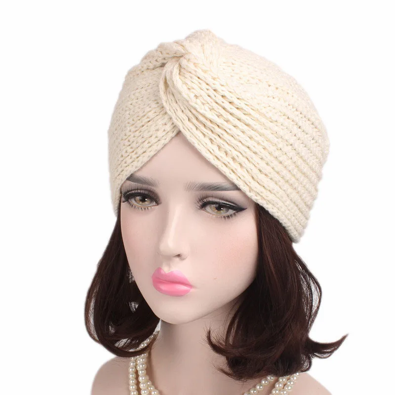Женская шапка в богемном стиле теплая зимняя вязаная шапочка Мягкая тюрбан однотонная шляпа женская мусульманская шляпа Головной убор s