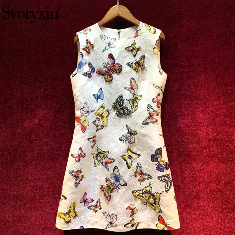 

Svoryxiu Runway Autumn Butterfly Printed Jacquard Dress Women's luxury Crystal Diamond Vintage Party Sleeveless Mini Dress