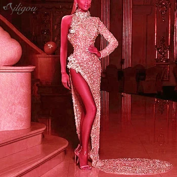 

Ailigou New Style Rhinestones Pink Long Tail Dress Birthday Celebrate One Sleeve Dress Evening Bar Women Singer Dancer Dress