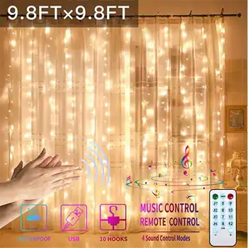

3X3M300 Curtain Lights with Sound Activated USB Powered LED Fairy Christmas Lights with Remote Sync-to-Music Setting 8 Mode