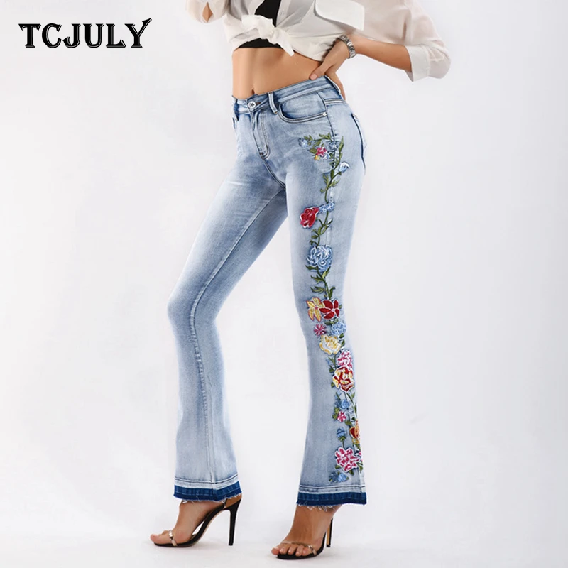 TCJULY flores bordadas flare jeans Delgado Push Up pantalones vaqueros  elásticos Streetwear blanqueados de talla grande mujer Bell Bottom  Jeans|Pantalones vaqueros| - AliExpress