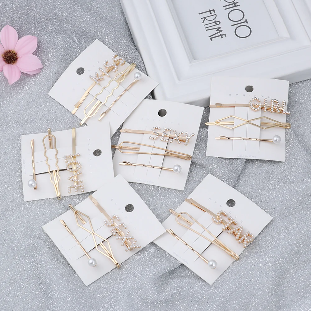 

3Pcs/Set Trendy Pearl Rhinestone Letter Hair Clips Hairpin Metal Barrettes Hairpins for Women Girl Hair Styling Accessories