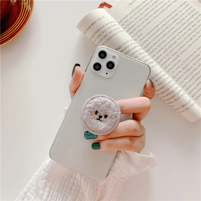 Cute Plush Teddy Dog Cartoon Round Universal Smart Mobile Phone Ring Holder Airbag Gasbag Fold Stand Bracket Mount For IPhone