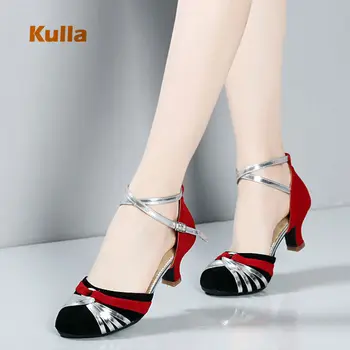 

Women's Latin Dance Shoes Red Flock Rubber Outsole Dance Shoes Ballroom Woman Girl Outdoor Tango Shoes Salsa Shoes Heel High 5cm